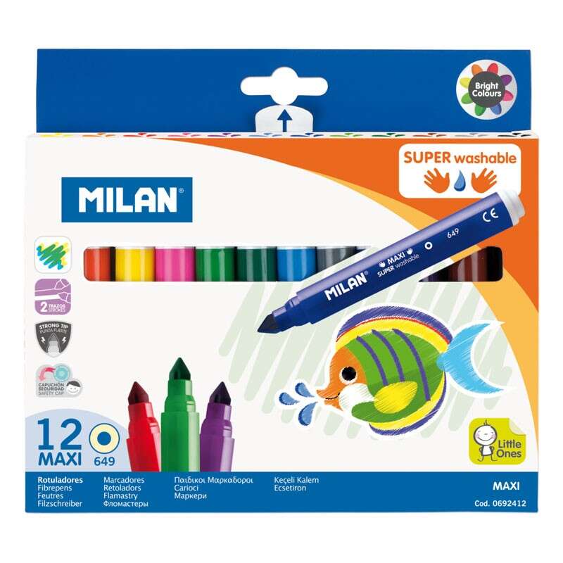 milan pack de 12 rotuladores super lavables maxi punta conica 7.5mm tinta al agua lavable colores surtidos