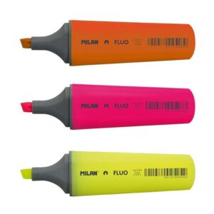 milan pack de 3 rotuladores marcadores fluorescentes punta biselada 1 4.8mm colores surtidos