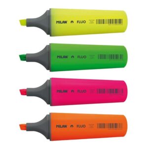 milan fluo pack de 4 marcadores fluorescentes punta biselada 1 4.8mm colores amarillo, naranja, rosa y verde
