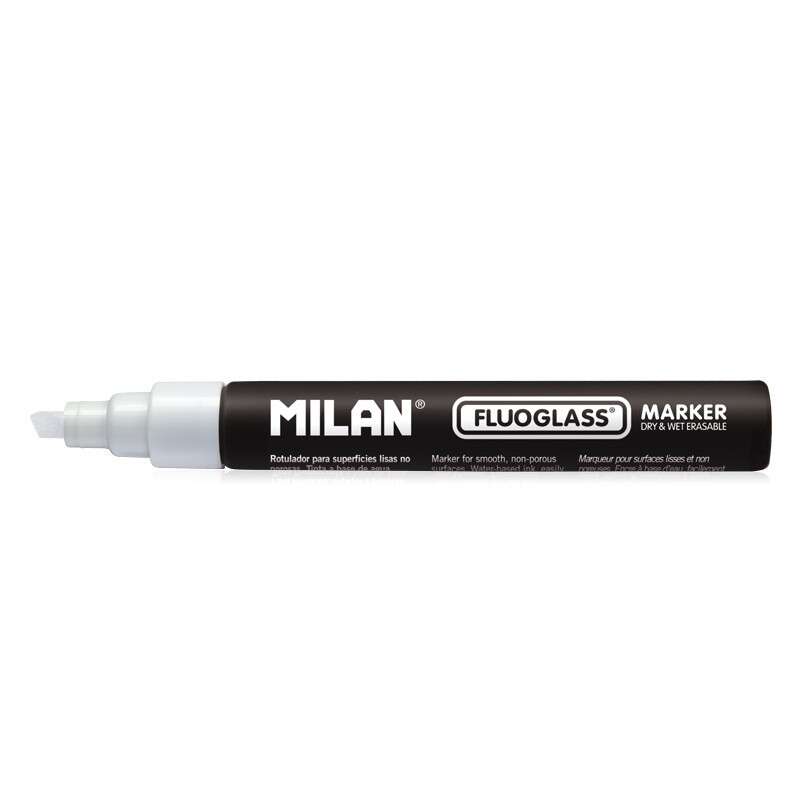 milan fluoglass rotulador superficies lisas punta biselada trazo de 2 4mm tinta al agua borrado facil color blanco