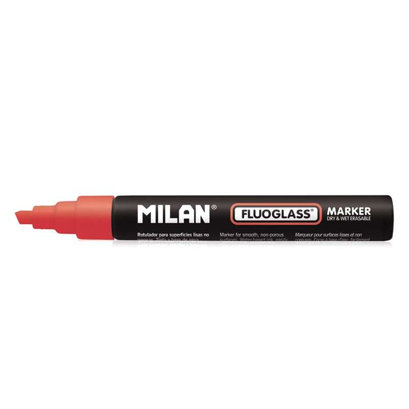 milan fluoglass rotulador superficies lisas (no porosas) punta biselada trazo de 2 a 4mm tinta al agua borrado facil color rojo