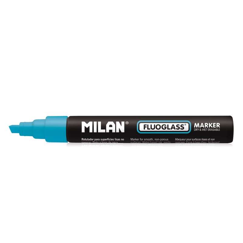 milan fluoglass rotulador superficies lisas punta biselada trazo de 2 4mm tinta al agua borrado facil color azul