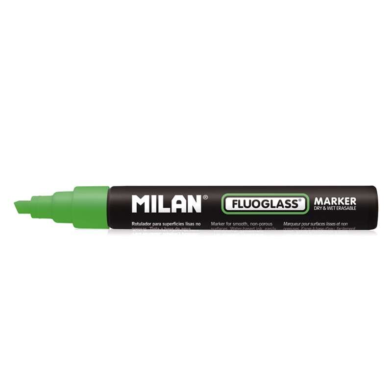 milan fluoglass rotulador superficies lisas punta biselada trazo de 2 4mm tinta al agua borrado facil color verde