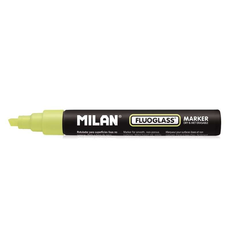 milan fluoglass rotulador para superficies lisas punta biselada trazo de 2 a 4mm tinta al agua borrado facil color amarillo