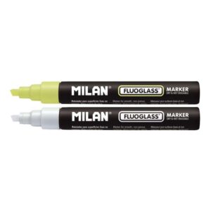 milan fluoglass pack de 2 rotuladores para superficies lisas punta biselada trazo de 2 a 4mm tinta al agua borrado facil colores surtidos
