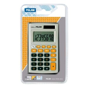 milan calculadora de bolsillo 8 digitos 3 teclas de memoria y raiz cuadrada apagado automatico incluye funda color gris y naranja
