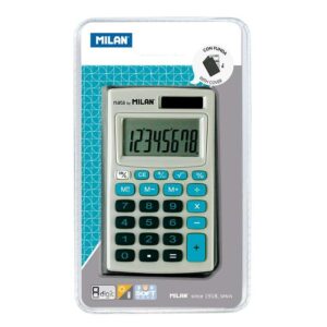 milan calculadora de bolsillo 8 digitos 3 teclas de memoria y raiz cuadrada apagado automatico incluye funda color gris y azul