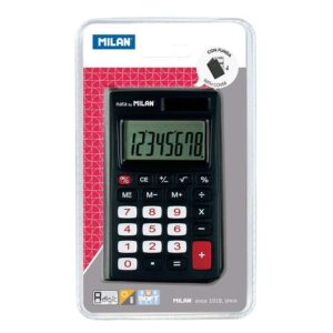 milan calculadora de bolsillo 8 digitos 3 teclas de memoria y raiz cuadrada apagado automatico incluye funda color negro