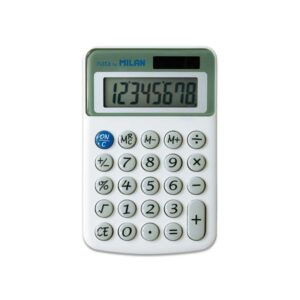 milan nata calculadora de sobremesa 8 digitos 3 teclas de memoria y raiz cuadrada botones redondeados apagado automatico color blanco