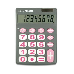 milan nata calculadora de sobremesa 8 digitos teclas grandes apagado automatico color gris y rosa