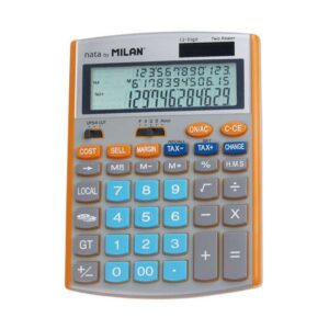 milan calculadora de 12 digitos pantalla de 3 lineas 3 teclas de memoria calculo de margenes funcion impuestos, tiempo y conversor de moneda color gris y naranja