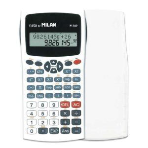 milan m240 calculadora cientifica 10+2 digitos pantalla de 2 lineas 240 funciones integradas incluyendo 124 cientificas carcasa protectora color blanco/gris/azul