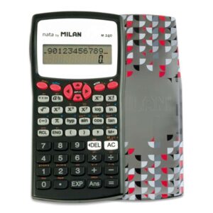 milan m240 calculadora cientifica 10+2 digitos pantalla de 2 lineas 240 funciones integradas incluyendo 124 cientificas carcasa protectora estampada color negro/blanco/rojo/gris