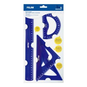 milan pack de 4 reglas flexibles y resistentes regla, escuadra, cartabon y transportador color azul