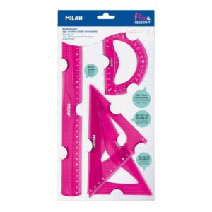 milan pack de 4 reglas flexibles y resistentes regla, escuadra, cartabon y transportador color rosa