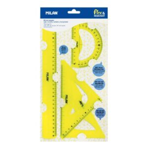 milan pack de 4 reglas flexibles y resistentes regla, escuadra, cartabon y transportador color amarillo