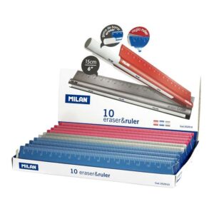 milan eraser & ruler expositor de 10 reglas + goma en el interior de la regla longitud 15cm metal touch colores surtidos