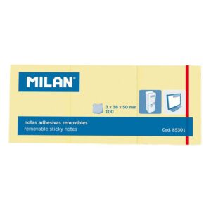 milan pack de 3 blocs de 100 notas adhesivas removibles tamaño 38x50mm color amarillo claro