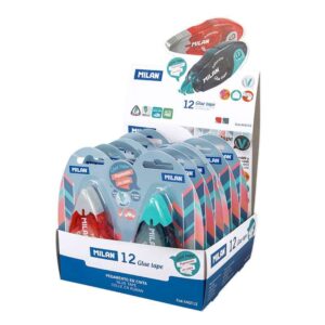 milan expositor de 12 cintas de pegamento 8,4mm x 12m diseño ergonomico secado rapido ideal manualidades colores surtidos