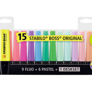 stabilo boss 70 pack de escritorio de 15 marcadores fluorescente practica base para escritorio trazo entre 2 y 5mm recargable tinta con base de agua colores 9 fluo + 6 pastel
