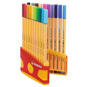 stabilo point 88 pack de 20 rotuladores de punta fina de fibra trazo de 0.4mm. tinta con base de agua apto para reglas y plantillas colores surtidos