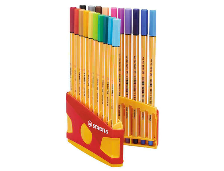 stabilo point 88 pack de 20 rotuladores de punta fina de fibra trazo de 0.4mm. tinta con base de agua apto para reglas y plantillas colores surtidos