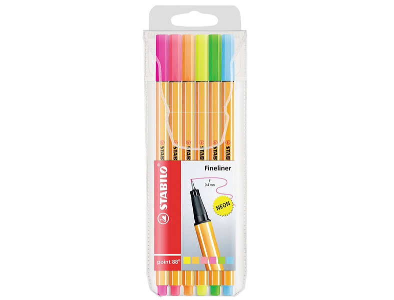 stabilo point 88 pack de 6 rotuladores de punta fina de fibra trazo de 0.4 mm tinta con base de agua colores surtidos neon