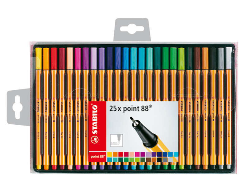 stabilo point 88 pack de 25 rotuladores de punta fina de fibra trazo de 0.4 mm tinta con base de agua colores surtidos