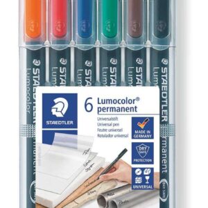 staedtler lumocolor 318 pack de 6 rotuladores permanentes punta fina redonda trazo 0.6mm capuchon con clip secado rapido colores surtidos