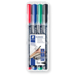 staedtler lumocolor 317 pack de 4 rotuladores permanentes punta media redonda trazo 1mm aprox capuchon con clip secado rapido colores surtidos