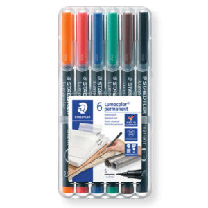 staedtler lumocolor 317 pack de 6 rotuladores permanentes punta media redonda trazo 1mm aprox capuchon con clip secado rapido colores surtidos