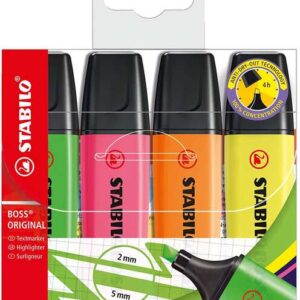 stabilo boss 70 pack de 4 marcadores fluorescentes trazo entre 2 y 5mm recargable tinta con base de agua colores surtidos