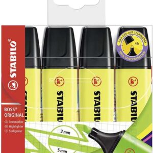 stabilo boss 70 pack de 4 marcadores fluorescentes trazo entre 2 y 5mm recargable tinta con base de agua color amarillo fluorescente
