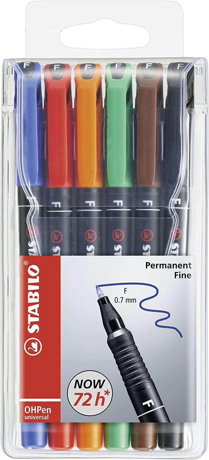 stabilo ohpen pack de 6 rotuladores permanentes punta fina trazo de 0.7mm agarre antideslizante tapon ventilado colores surtidos
