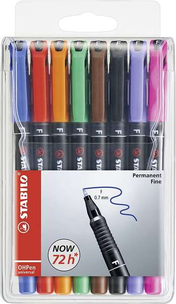 stabilo ohpen pack de 8 rotuladores permanentes punta fina trazo de 0.7mm agarre antideslizante tapon ventilado colores surtidos
