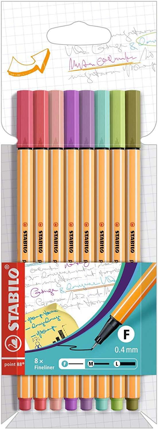 stabilo point 88 pack de 8 rotuladores de punta fina de fibra trazo de 0.4 mm tinta con base de agua colores surtidos