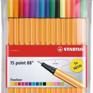 stabilo point 88 pack de 15 rotuladores de punta fina de fibra trazo de 0.4 mm tinta con base de agua 10 colores surtidos + 5 neon