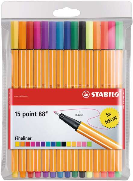 stabilo point 88 pack de 15 rotuladores de punta fina de fibra trazo de 0.4 mm tinta con base de agua 10 colores surtidos + 5 neon