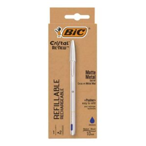 bic cristal re´new pack de boligrafo recargable de bola + 2 recambios punta redonda de 1.0mm trazo 0.32mm tinta con base de aceite cuerpo metalico color azul