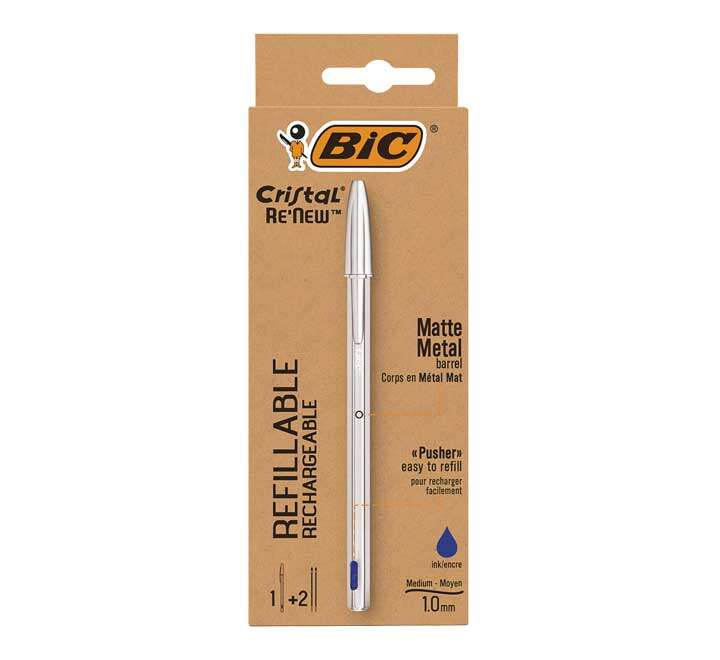 bic cristal re´new pack de boligrafo recargable de bola + 2 recambios punta redonda de 1.0mm trazo 0.32mm tinta con base de aceite cuerpo metalico color azul