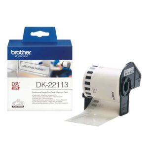brother dk22113 etiquetas originales de tamaño personalizado ancho 62mm x 15,24 metros texto negro sobre fondo transparente
