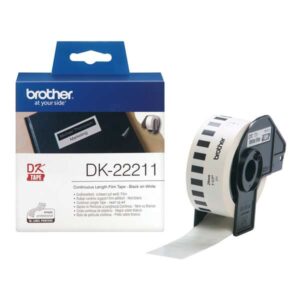 brother dk22211 etiquetas originales de tamaño personalizado de pelicula plastica ancho 29mm x 15,24 metros texto negro sobre fondo blanco