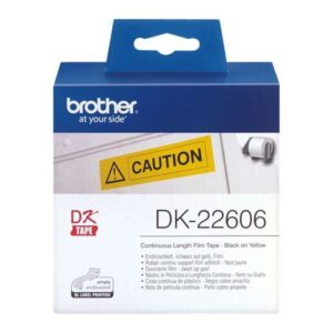 brother dk22606 etiquetas originales de tamaño personalizado ancho 62mm x 15,24 metros texto negro sobre fondo amarillo