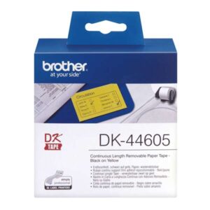 brother dk44605 etiquetas removibles originales de tamaño personalizado ancho 62mm x 30,48 metros texto negro sobre fondo amarillo