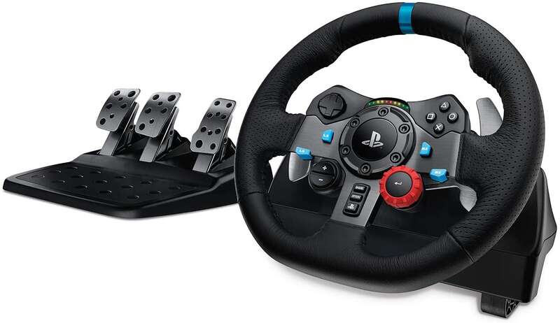 logitech g29 driving force juego de volante y pedales compatible con ps3, ps4, ps5 y pc giro 900º efecto force feedback freno no lineal volante de aluminio, cuero y acero pedales ajustables adaptable a mesa y soporte