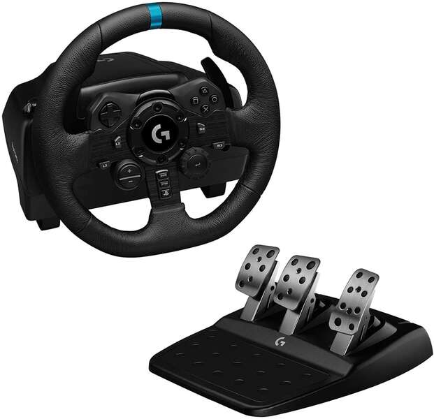 logitech g923 trueforce juego de volante y pedales de carreras compatible con ps4, ps5 y pc leds indicador rpm giro 900º efecto force feedback con trueforce freno progresivo volante de aluminio, cuero y acero pedales ajustables