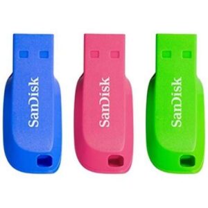 sandisk pack de 3 cruzer blade memoria usb 2.0 32gb ultra compacta color azul, rosa y verde (pendrive)
