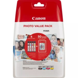 canon cli581 pack de 4 cartuchos de tinta originales 50 hojas de papel fotografico 2106c005/2106c006
