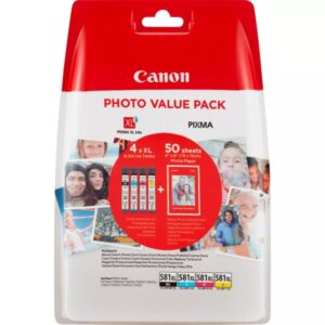 canon cli581xl pack de 4 cartuchos de tinta originales 50 hojas de papel fotografico 2052c004/2052c006