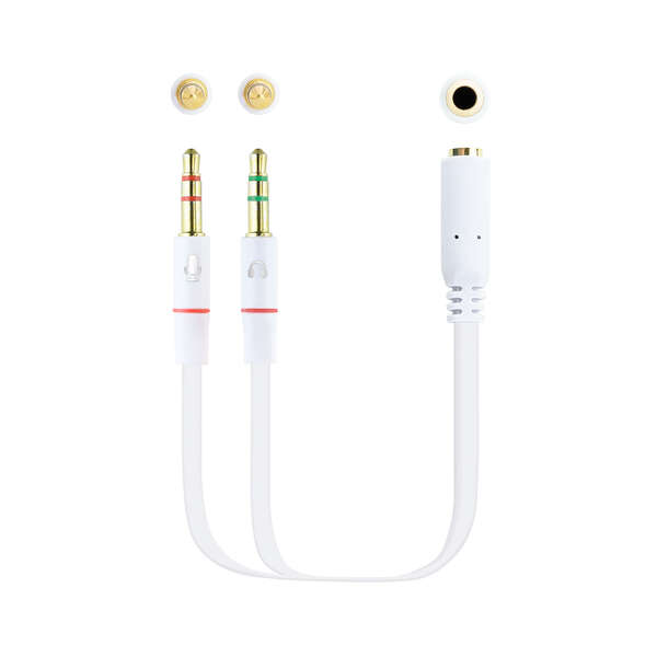 nanocable cable adaptador audio jack 3.5mm hembra 4 pines a 2x jack 3.5mm macho 3 pines 0.20m color blanco